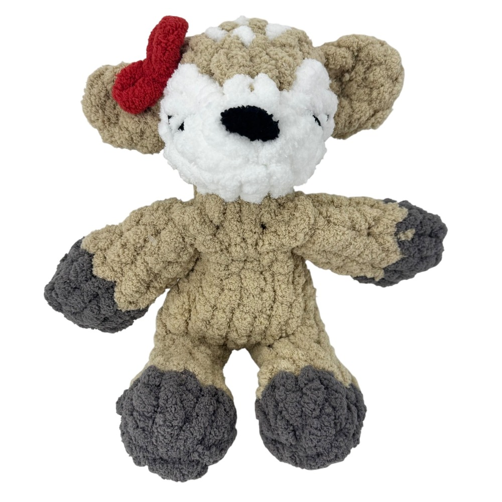 Handmade Luna the soft knit Deer Plushie Fawn Soft Chenille Tan Grey Red Bow 15"